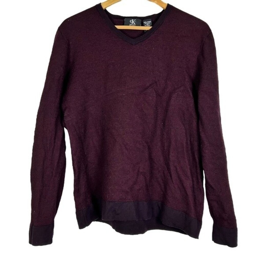 CALVIN KLEIN Men's Italian Yarn Merino Wool Pullover Sweater V-Neck XXL Burgundy